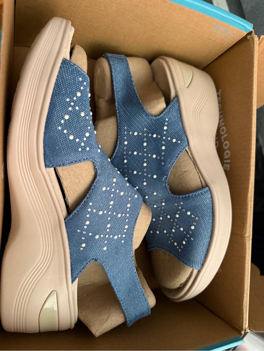 Bzees Denim Blue Wedge Sandals with Pearl Accents